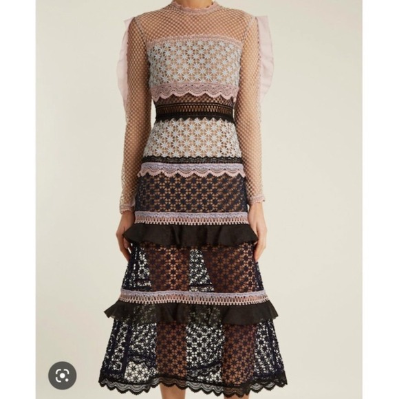 Self Portrait Dresses & Skirts - Self Portrait Lace Trimmed Maxi Dress Pink/Blue Floral Sheer Sleeve Size 6 Nwt